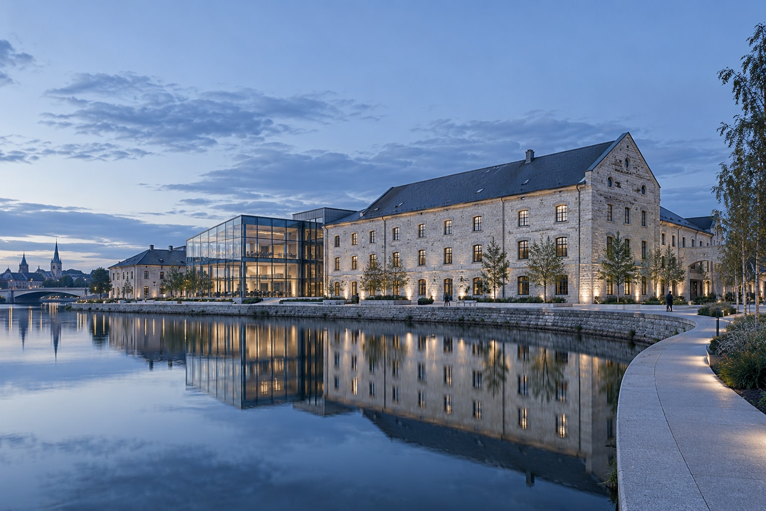 A renovated Central European riverside building with a modern glass extension